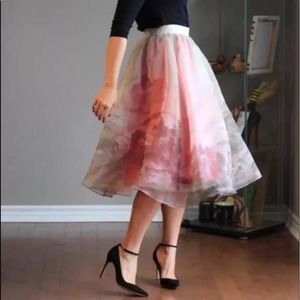 Anthropologie Moulinette Soeurs Tulle Organza Pink Train Print Full Skirt
